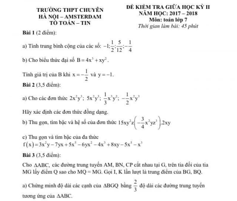Đề kiểm tra giữa học kì II môn Toán lớp 7 Trường THPT CHUYÊN HÀ NỘI - AMSTERDAM năm 2017