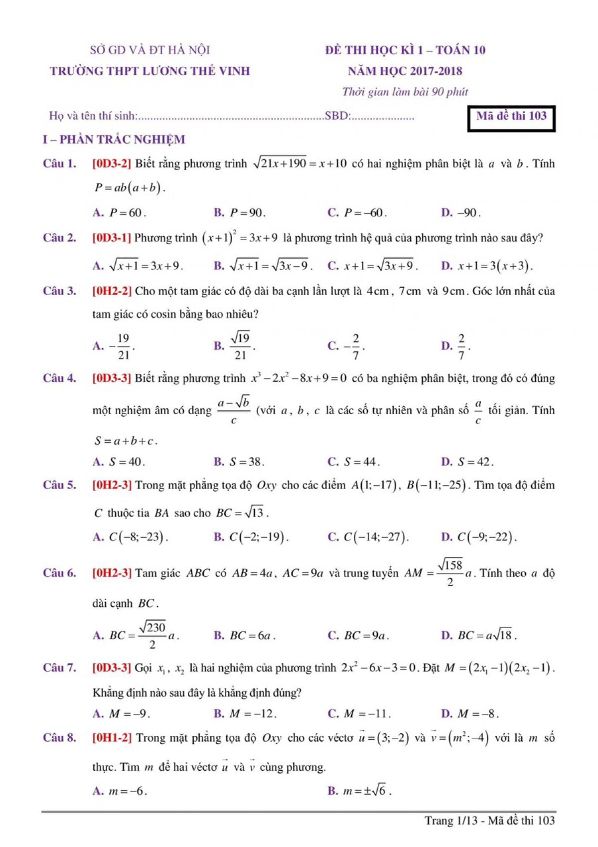 Đề thi học k&igrave; I m&ocirc;n To&aacute;n lớp 10 Trường THPT Lương Thế Vinh năm 2017