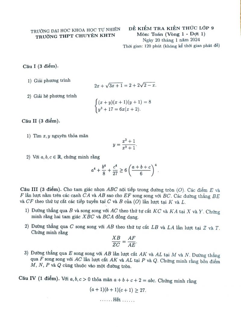 Đề kiểm tra kiến thức môn Toán lớp 9 vòng 1 - đợt 1 Trường THPT Chuyên KHTN Hà Nội năm 2024