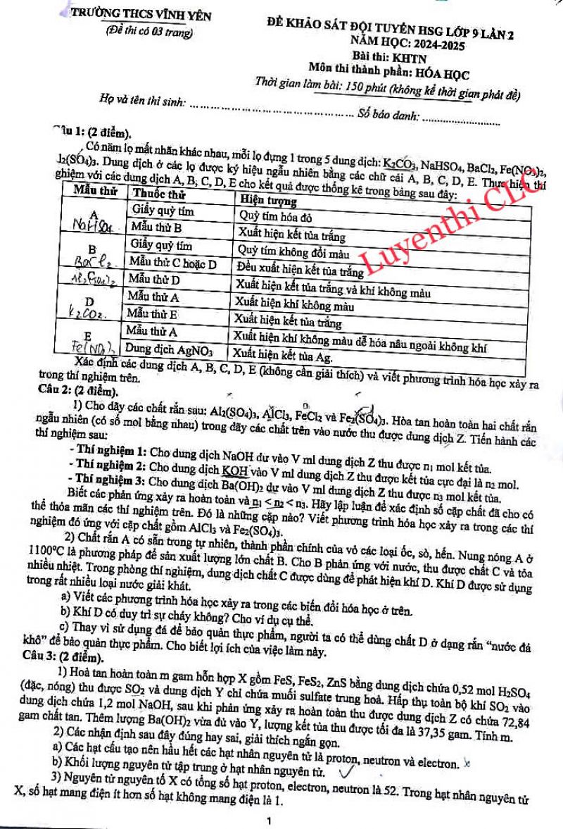 Đề thi khảo sát đội tuyển lớp 9 lần 2 môn KHTN ( Hóa học) _ THCS Vĩnh Yên năm 2024-2025