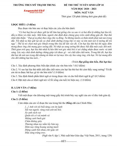 Đề thi thử tuyển sinh vào lớp 10 môn Ngữ Văn Trường THCS Mỹ Thạnh Trung, tỉnh Vĩnh Long năm 2021