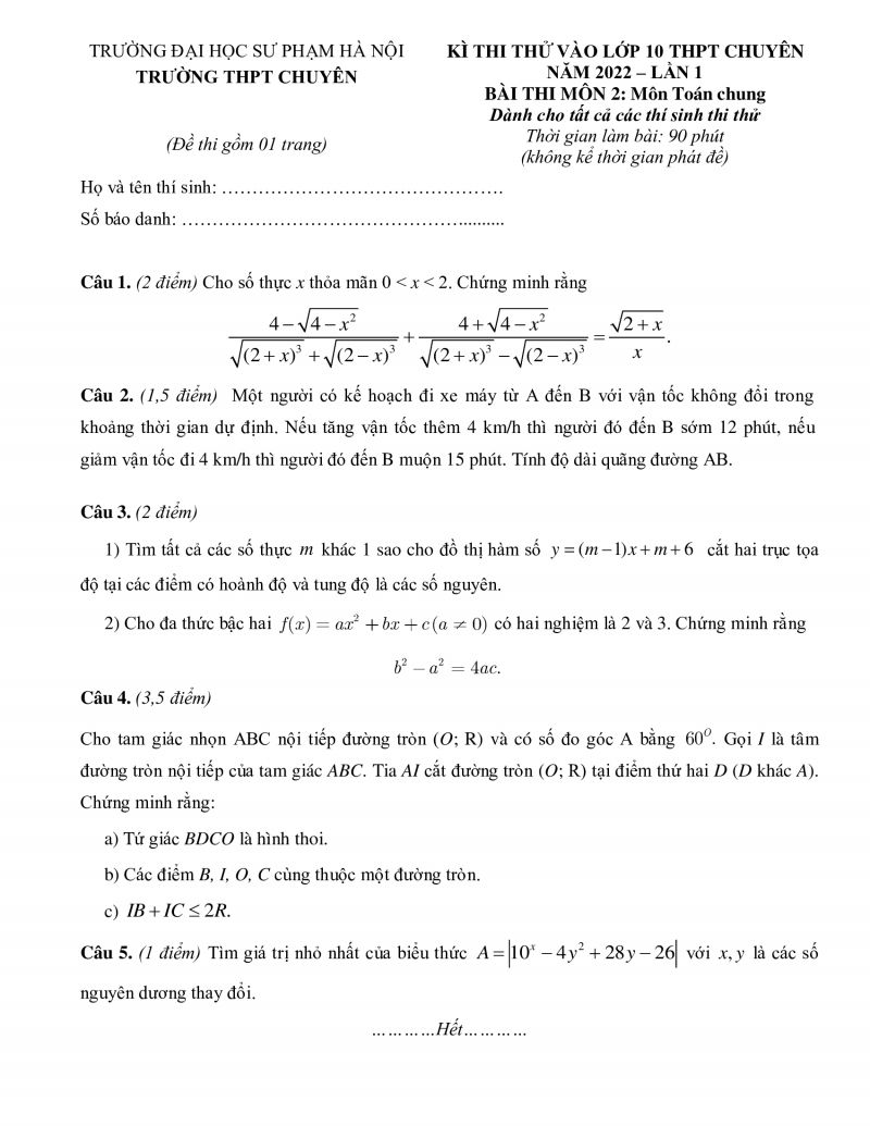 Đề thi thử vào lớp 10 THPT môn Toán Trường THPT CHUYÊN Đại học Sư phạm Hà Nội năm 2022