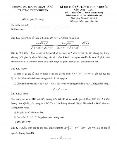 Đề thi thử vào lớp 10 THPT môn Toán Trường THPT CHUYÊN Đại học Sư phạm Hà Nội năm 2022