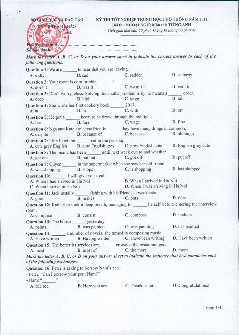 Đề thi tốt nghiệp THPT môn Tiếng Anh năm 2022 (Đề tham khảo)