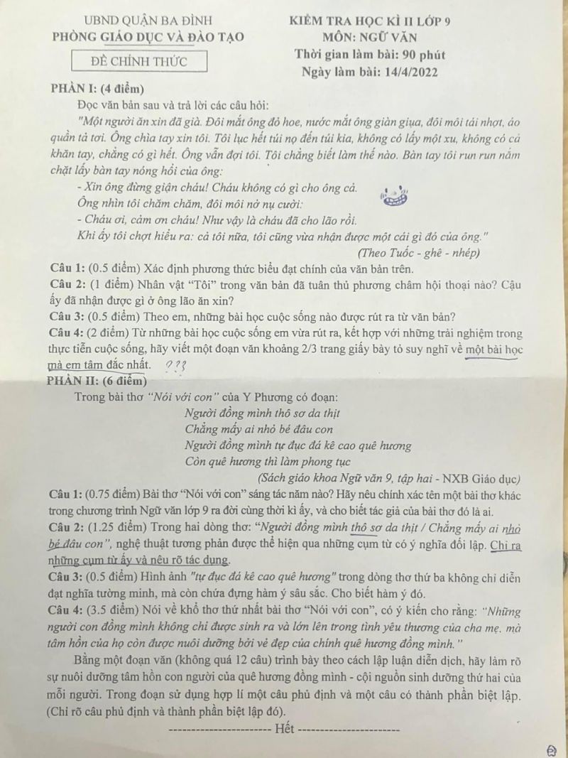 Đề kiểm tra học kì II môn Ngữ Văn lớp 9 quận Ba Đình, Hà Nội năm 2022