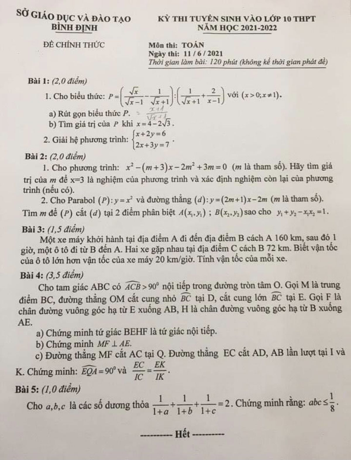 Đề thi tuyển sinh v&agrave;o lớp 10 THPT m&ocirc;n To&aacute;n tỉnh B&igrave;nh Định năm 2021