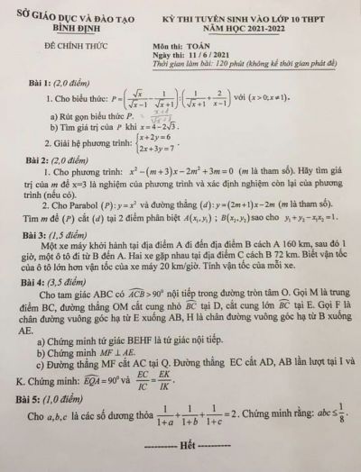 Đề thi tuyển sinh vào lớp 10 THPT môn Toán tỉnh Bình Định năm 2021