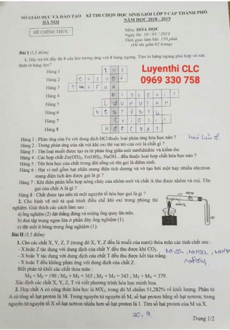 Đề thi HSG lớp 9 cấp th&agrave;nh phố m&ocirc;n H&oacute;a Học tại H&agrave; Nội năm 2019