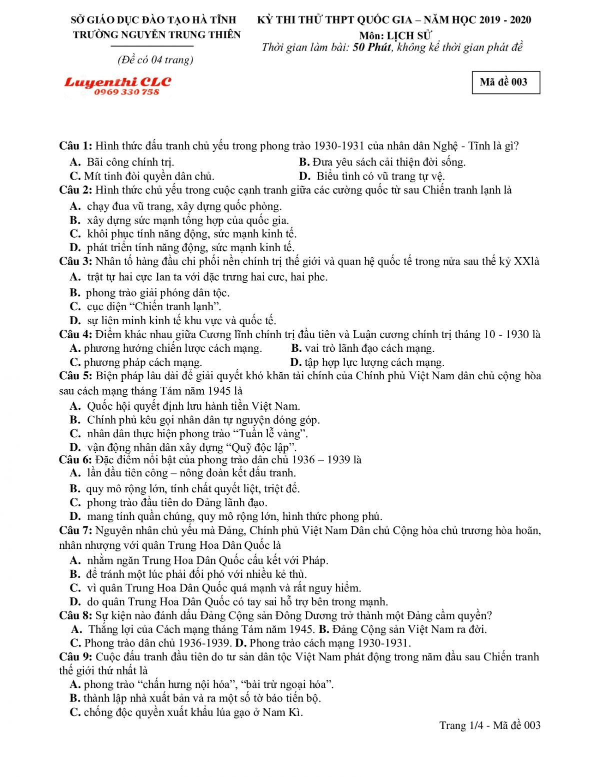 Đề thi thử THPT Quốc Gia môn Lịch Sử - mã đề 003 Trường THPT Nguyễn Trung Thiên, tỉnh Hà Tĩnh năm 2019