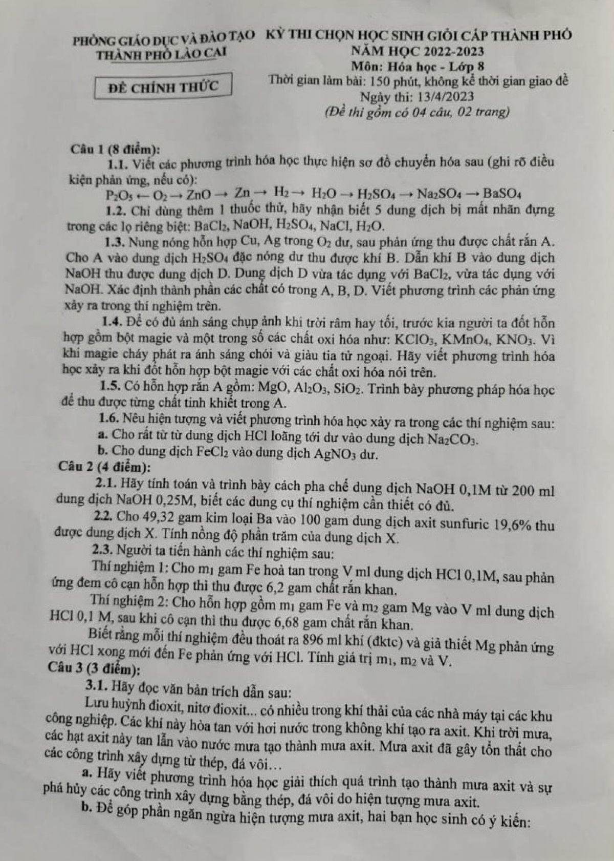 Đề thi chọn HSG môn Hóa Học lớp 8 tại Lào Cai năm 2023