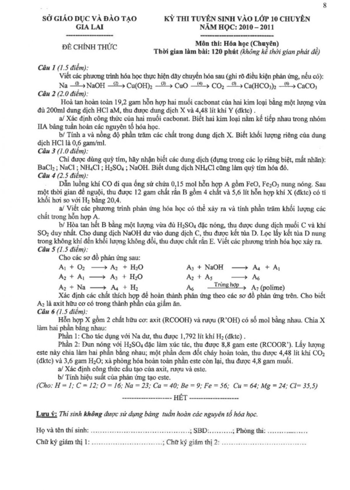 Đề thi tuyển sinh vào lớp 10 THPT CHUYÊN môn Hóa Học tỉnh Gia Lai năm 2011