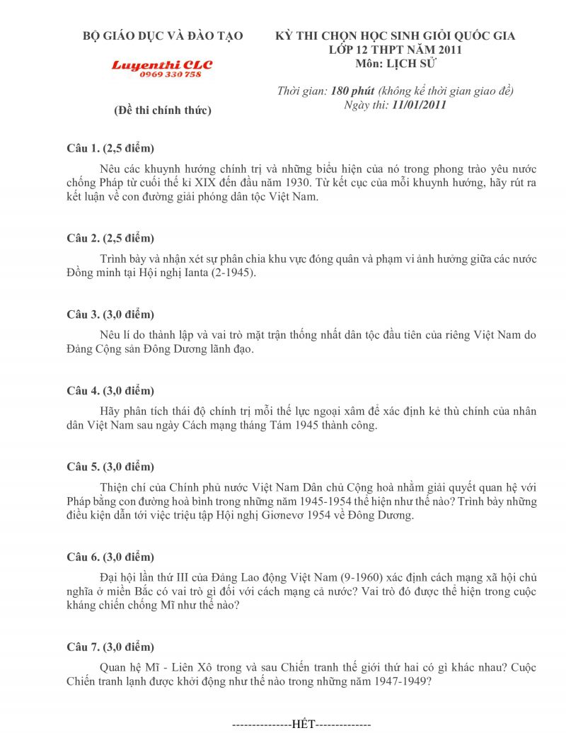 Đề thi chọn HSG Quốc Gia THPT m&ocirc;n Lịch Sử năm 2011