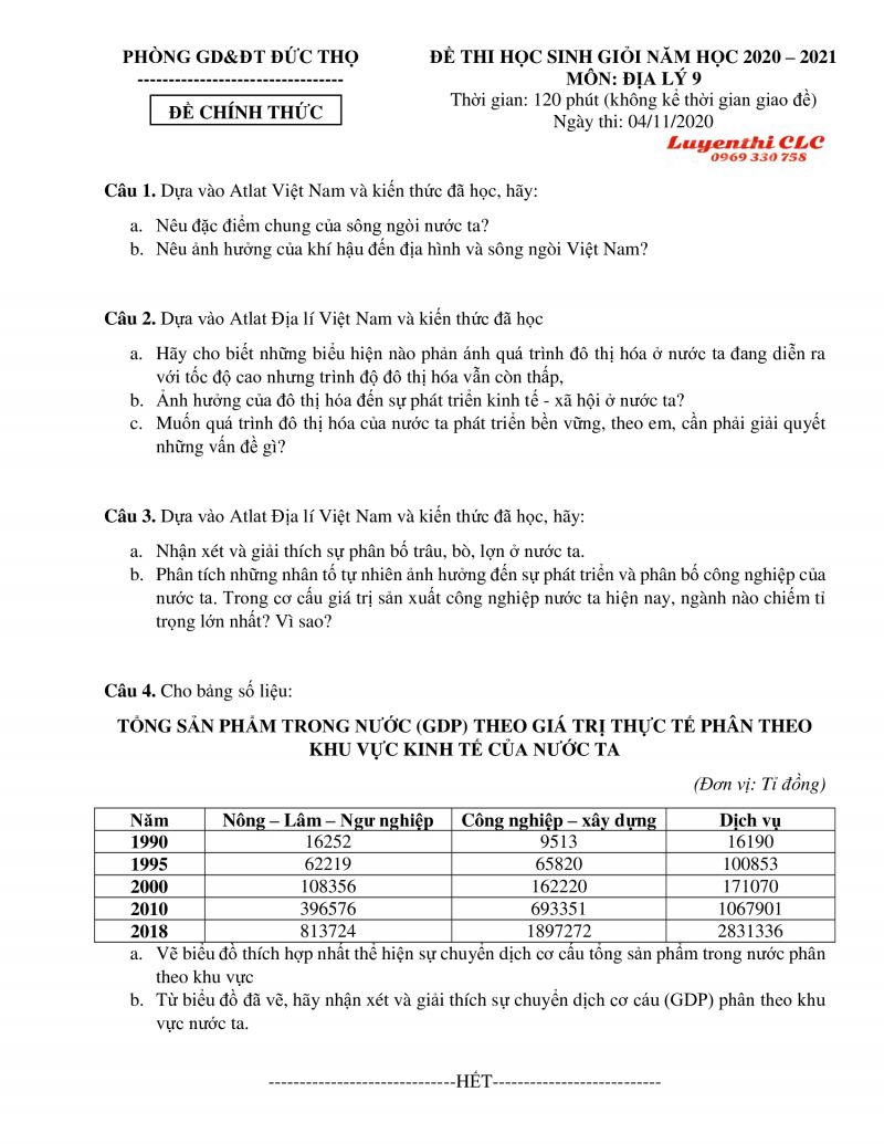 Đề thi chọn HSG m&ocirc;n Địa L&iacute; lớp 9 huyện Đức Thọ, tỉnh H&agrave; Tĩnh năm 2020