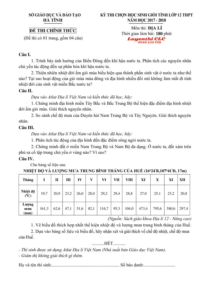 Đề thi chọn HSG lớp 12 THPT môn Địa Lí tại Hà Tĩnh năm 2017