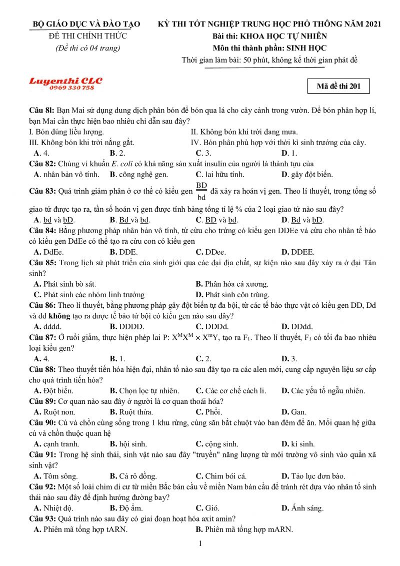 Đề thi tốt nghiệp THPT Quốc Gia môn Sinh học năm 2021
