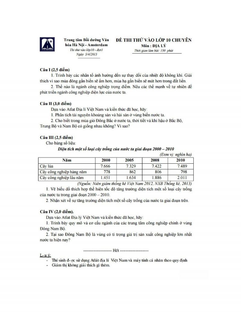 Đề thi thử v&agrave;o lớp 10 Chuy&ecirc;n m&ocirc;n Địa L&iacute; tại H&agrave; Nội năm 2015