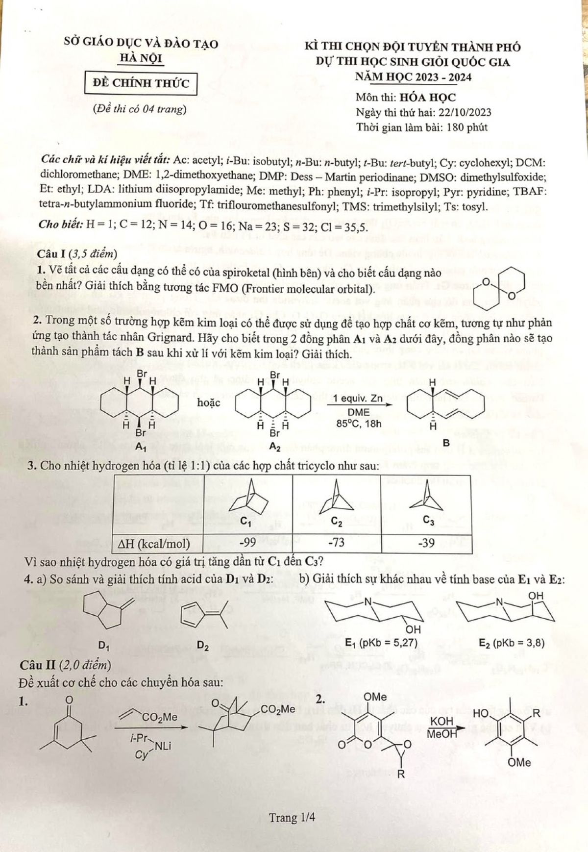 Đề thi chọn đội tuyển dự thi HSG Quốc Gia môn Hóa Học tại Hà Nội năm 2023