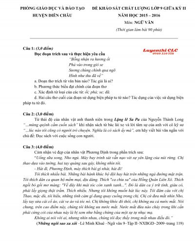 Đề khảo sát chất lượng giữa học kì II môn Ngữ Văn lớp 9 huyện Diễn Châu tỉnh Nghệ An năm 2015