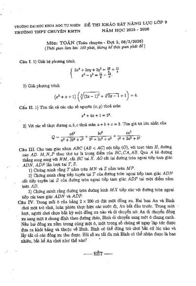 Đề thi thử m&ocirc;n To&aacute;n Chuy&ecirc;n trường chuy&ecirc;n KHTN 2025-2026, đợt 2, năm 2026