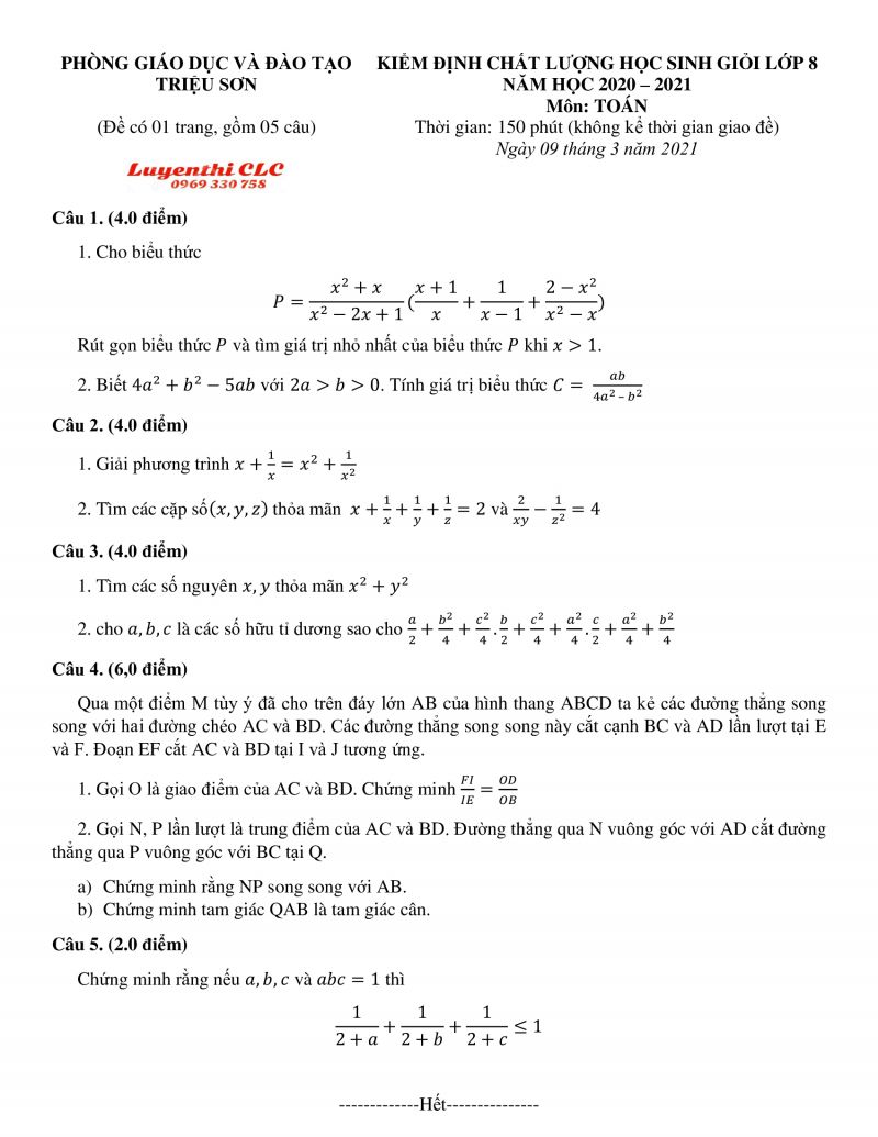 Đề kiểm định chất lượng HSG m&ocirc;n To&aacute;n lớp 8 huyện Triệu Sơn tỉnh Thanh H&oacute;a năm 2021
