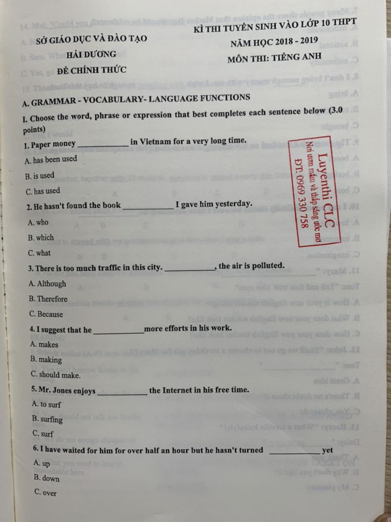 Đề thi tuyển sinh v&agrave;o lớp 10 THPT m&ocirc;n Tiếng Anh tỉnh Hải Dương năm 2018