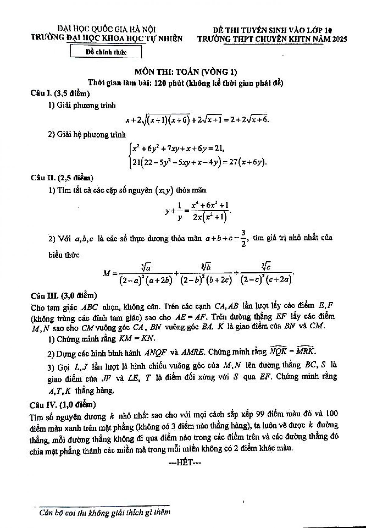Đề thi vào 10 chuyên KHTN môn Toán năm 2025