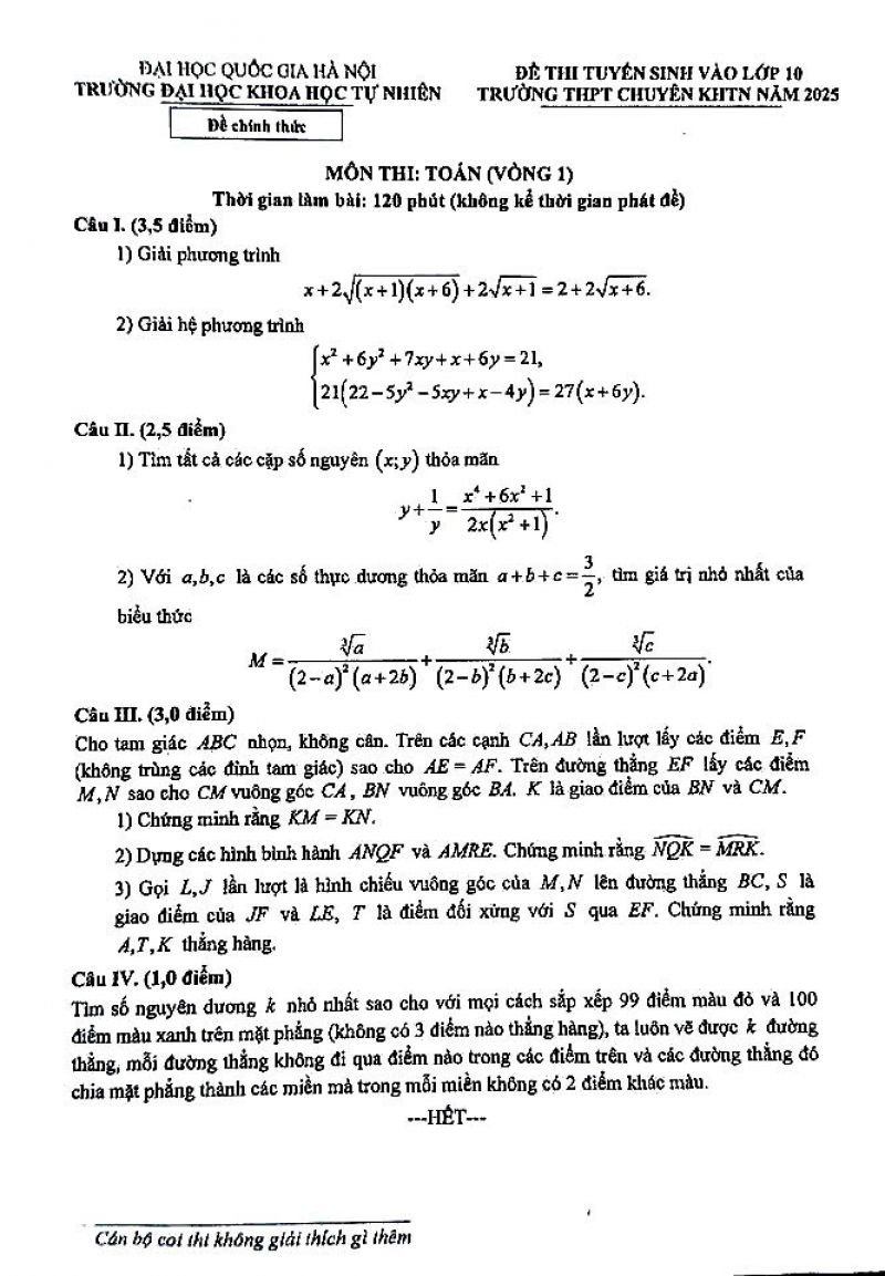 Đề thi vào 10 chuyên KHTN môn Toán năm 2025