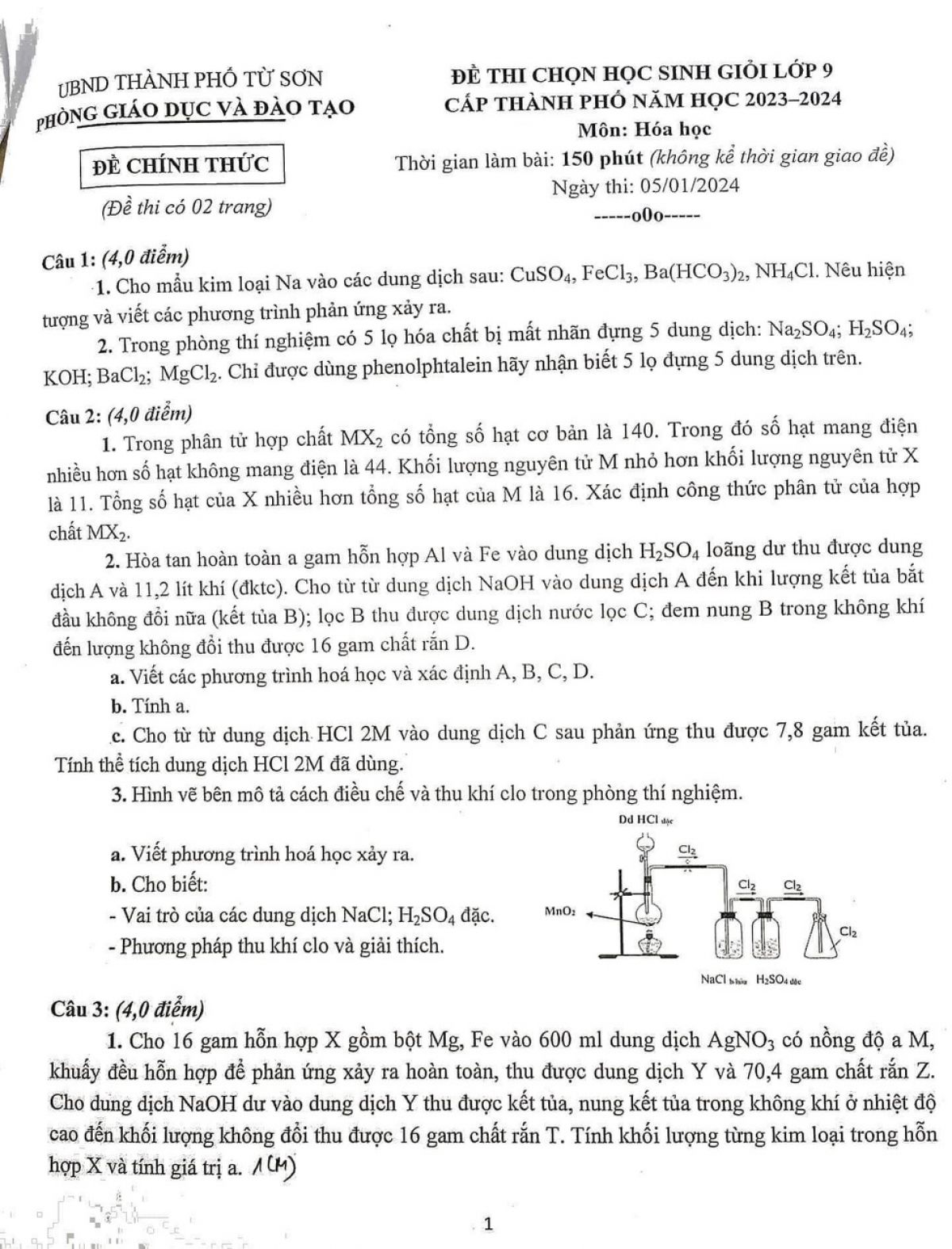 Đề thi chọn HSG m&ocirc;n H&oacute;a Học lớp 9 tại th&agrave;nh phố Từ Sơn, tỉnh Bắc Ninh năm 2024