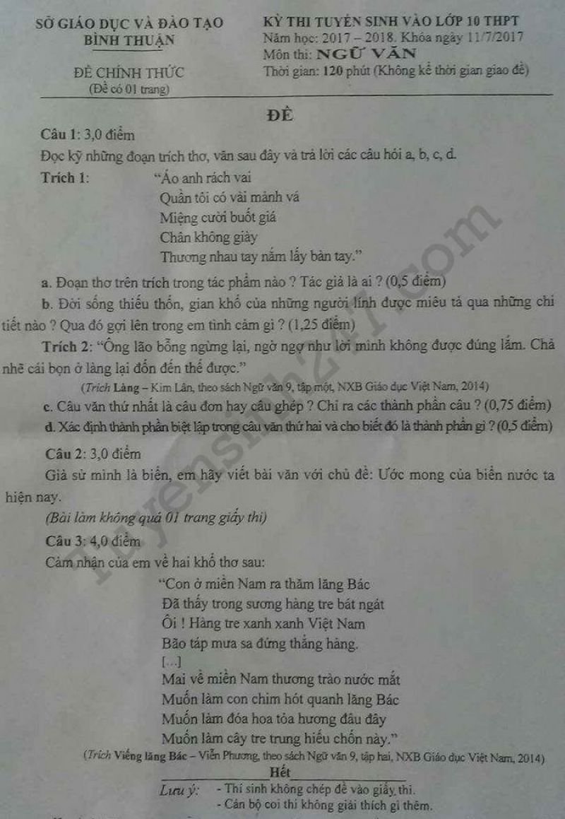 Đề thi tuyển sinh vào lớp 10 THPT môn Ngữ Văn tỉnh Bình Thuận năm 2017