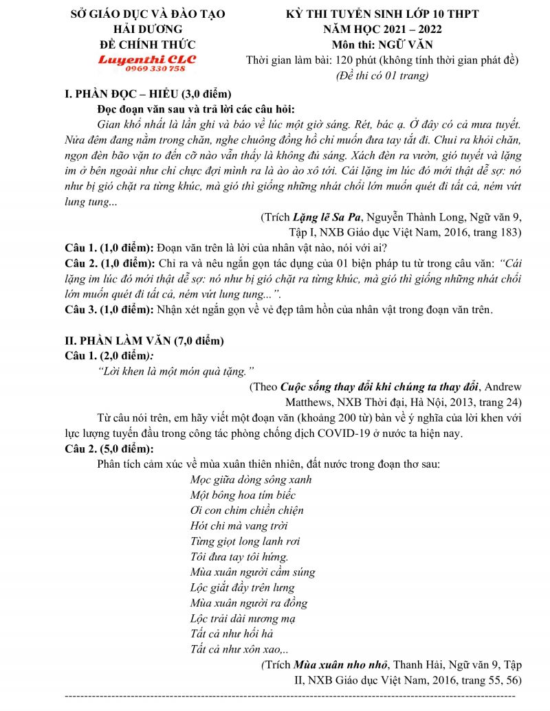 Đề thi tuyển sinh v&agrave;o lớp 10 THPT m&ocirc;n Ngữ Văn tỉnh Hải Dương năm 2021