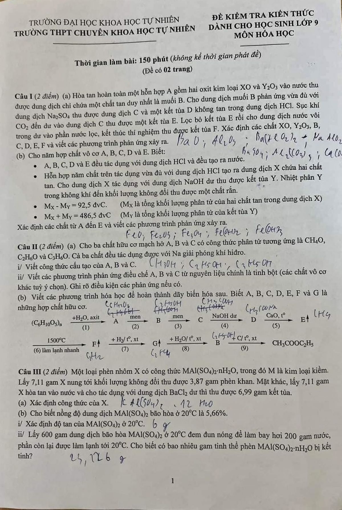Đề kiểm tra kiến thức d&agrave;nh cho học sinh lớp  9 m&ocirc;n H&oacute;a Học Trường THPT CHUY&Ecirc;N KHTN năm 2023