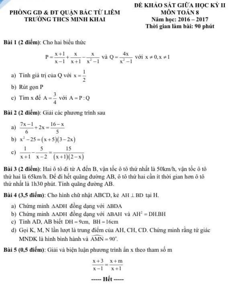 Đề khảo s&aacute;t giữa học k&igrave; II m&ocirc;n To&aacute;n lớp 8 Trường THCS Minh Khai, quận Bắc Từ Li&ecirc;m, H&agrave; Nội năm 2016