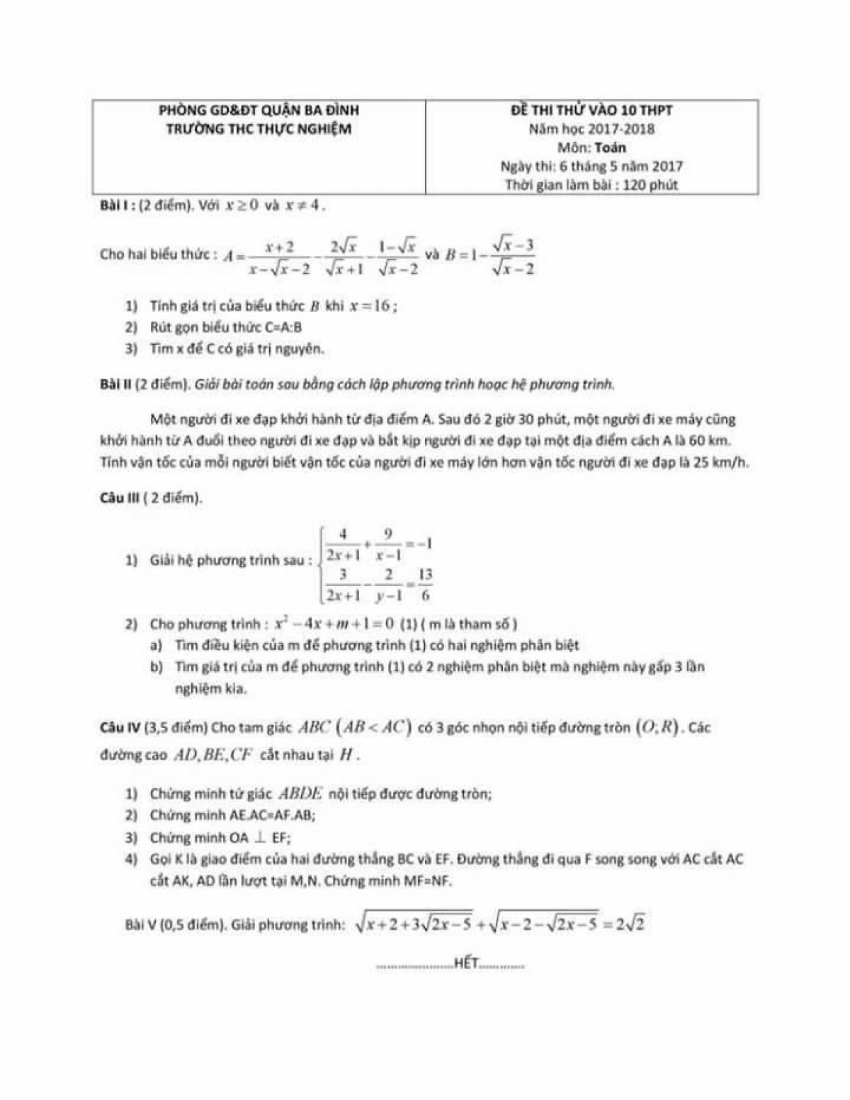 Đề thi thử v&agrave;o lớp 10 THPT m&ocirc;n To&aacute;n Trường THC Thực nghiệm quận Ba Đ&igrave;nh, H&agrave; Nội năm 2017