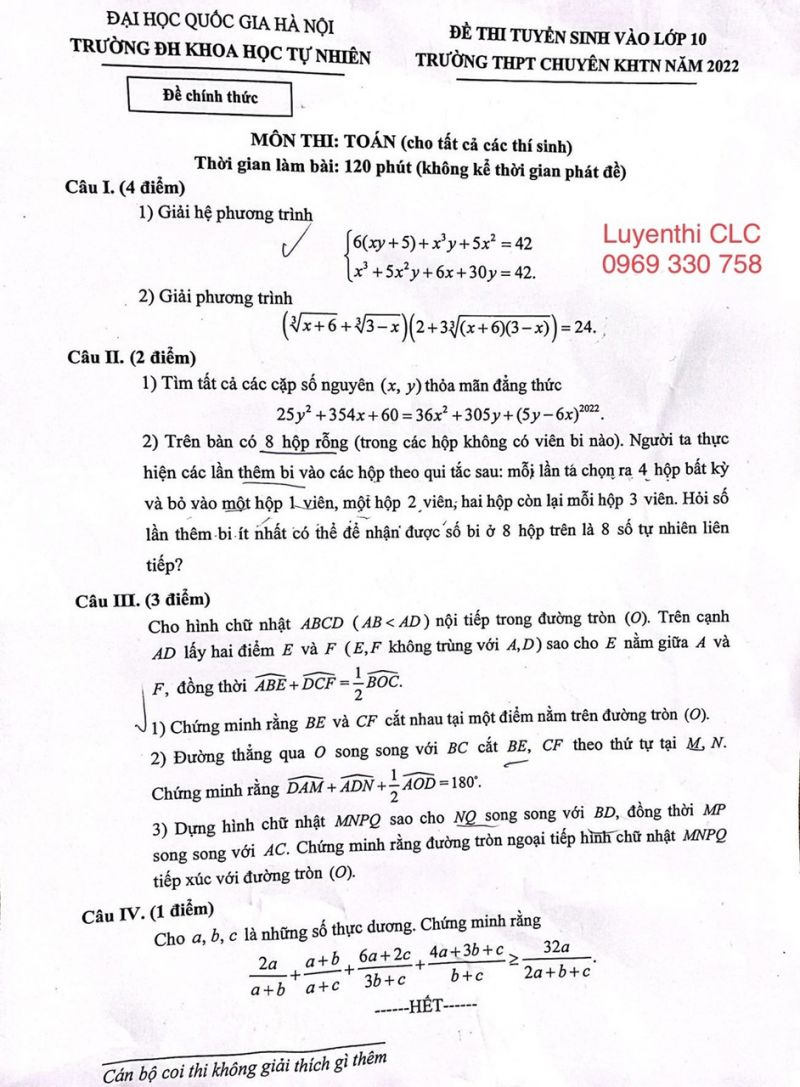 Đề thi tuyển sinh vào lớp 10 môn Toán Trường THPT CHUYÊN KHTN Hà Nội năm 2022  (Dành cho tất cả thí sinh)