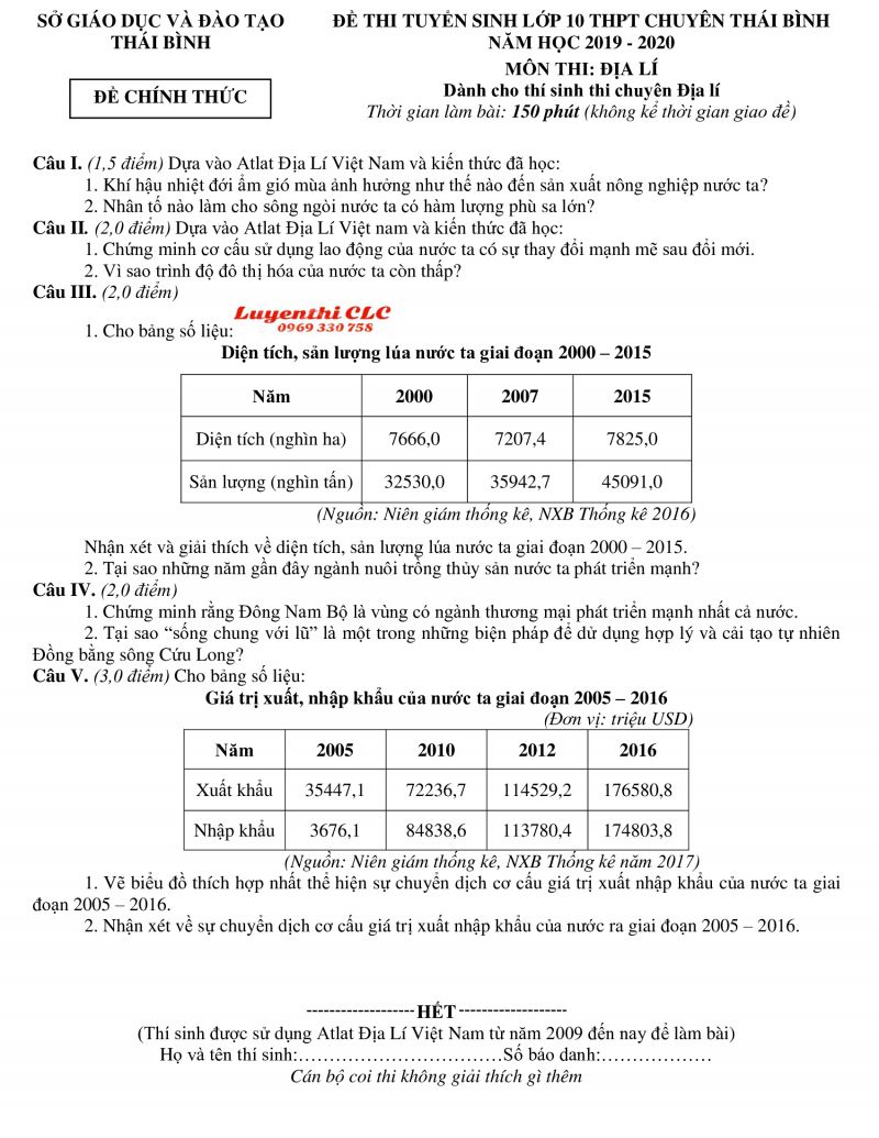 Đề thi tuyển sinh v&agrave;o lớp 10 THPT CHUY&Ecirc;N Th&aacute;i B&igrave;nh m&ocirc;n Địa L&iacute; năm 2019