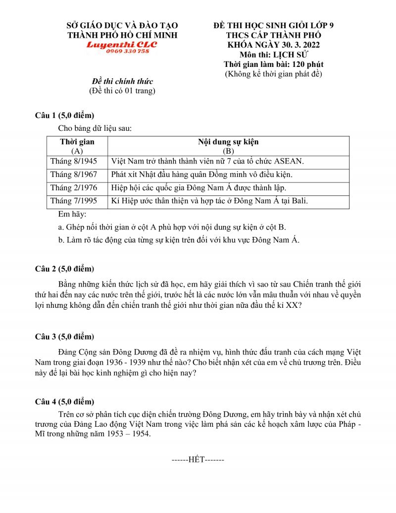 Đề thi HSG môn Lịch Sử lớp 9 THCS tại Thành phố Hồ Chí Minh năm 2022
