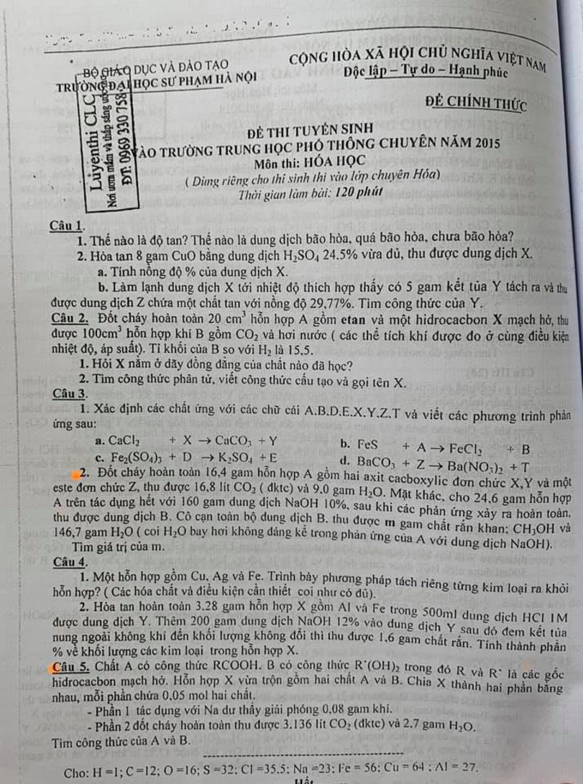 Đề thi tuyển sinh v&agrave;o trường THPT CHUY&Ecirc;N m&ocirc;n H&oacute;a Học Trường Đại học Sư phạm H&agrave; Nội năm 2015