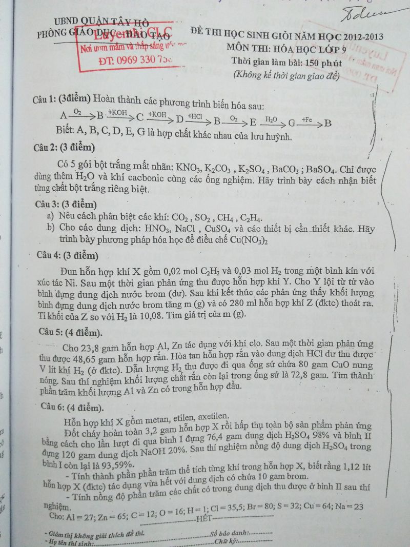 Đề thi HSG m&ocirc;n H&oacute;a Học lớp 9 quận T&acirc;y Hồ năm 2012