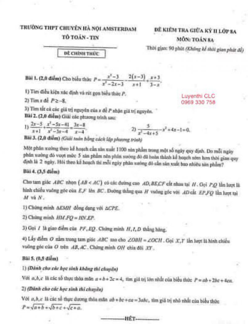 Đề kiểm tra  giữa học k&igrave; II m&ocirc;n To&aacute;n lớp 8 Trường THPT CHUY&Ecirc;N H&Agrave; NỘI - AMSTERDAM