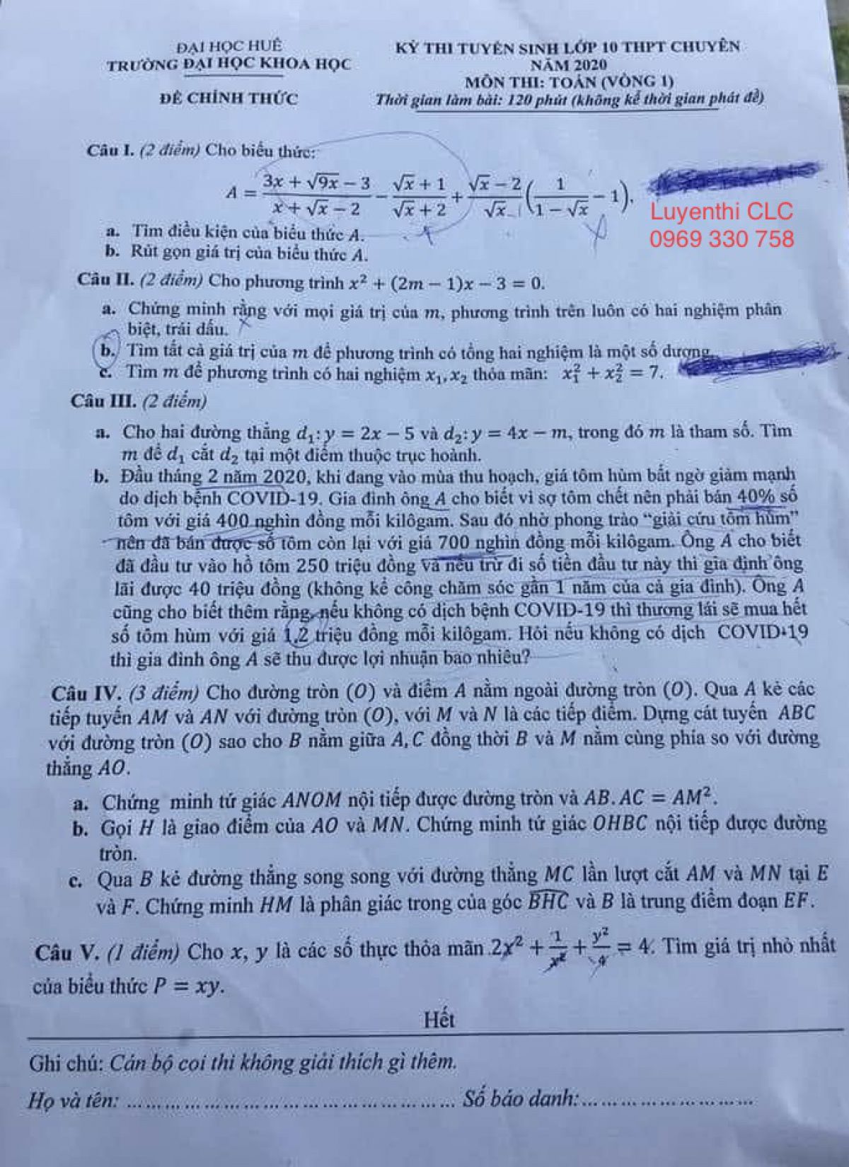 Đề thi m&ocirc;n To&aacute;n- tuyển sinh v&agrave;o lớp 10 THPT ĐHKH Huế năm 2020
