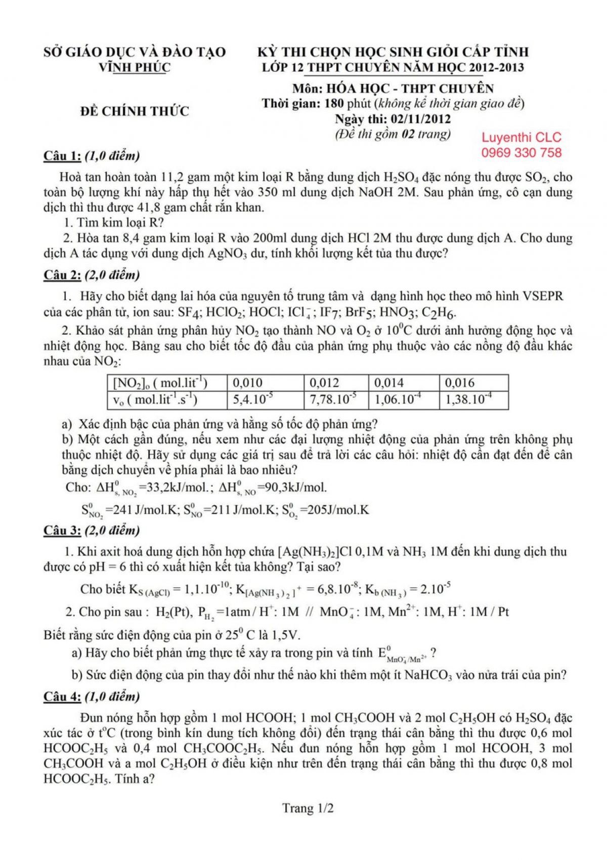 Đề thi chọn HSG và đáp án môn Hóa Học lớp 12 THPT CHUYÊN tỉnh Vĩnh Phúc năm 2012