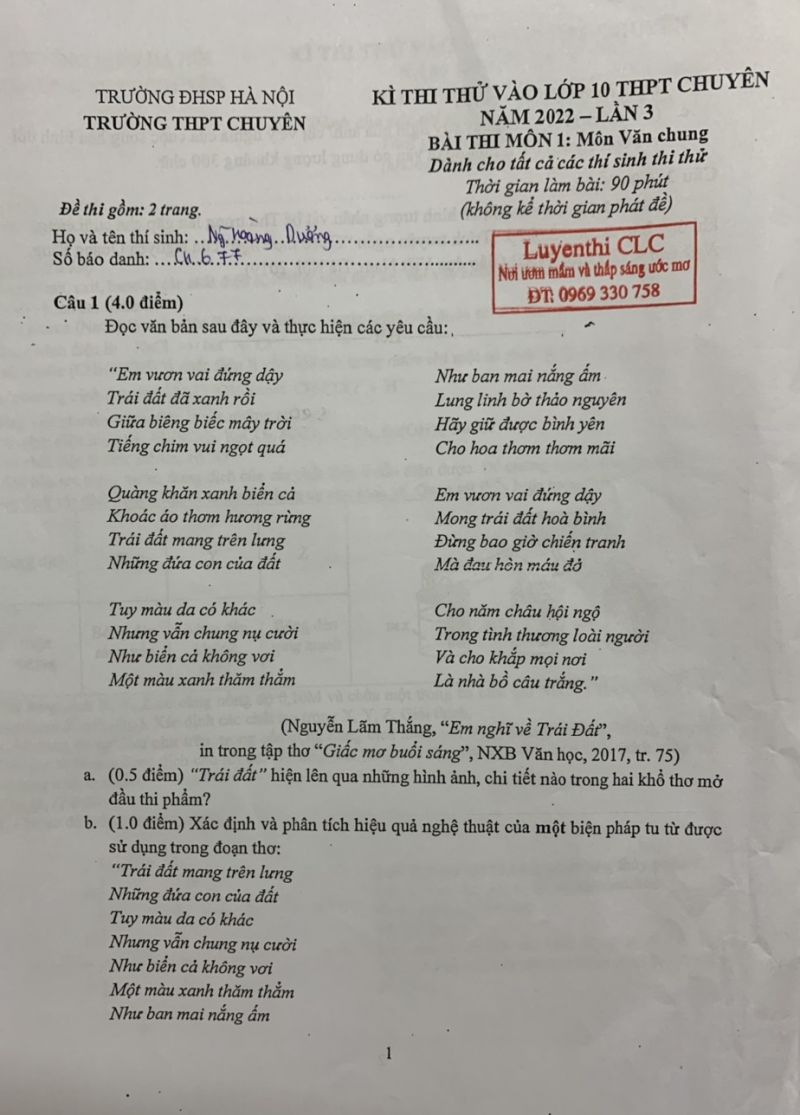 Đề thi thử vào lớp 10 THPT CHUYÊN lần 3 môn Ngữ Văn Trường THPT CHUYÊN Đại học Sư phạm Hà Nội năm 2022