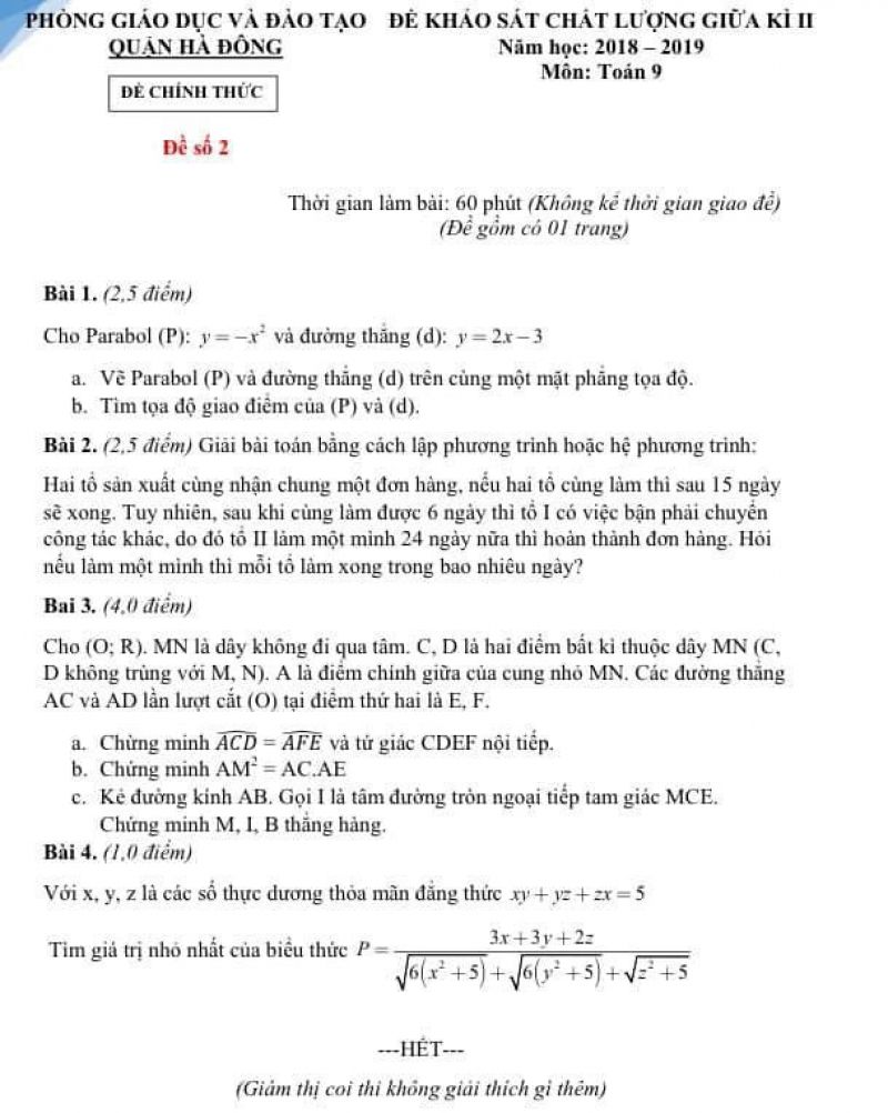Đề kiểm tra giữa kì II môn Toán lớp 9 quận Hà Đông năm 2018