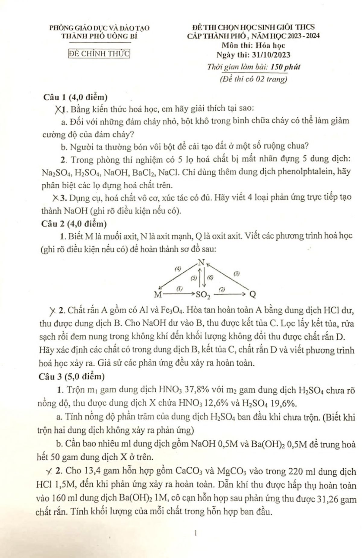 Đề thi chọn HSG m&ocirc;n H&oacute;a Học cấp THCS th&agrave;nh phố U&ocirc;ng B&iacute;, tỉnh Quảng Ninh năm 2023