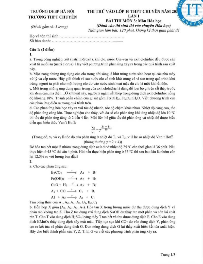 Đề thi thử vào lớp 10 THPT CHUYÊN môn Hóa Học Trường THPT CHUYÊN Đại học Sư phạm Hà Nội năm 2023