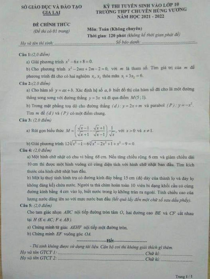 Đề thi tuyển sinh v&agrave;o lớp 10 THPT m&ocirc;n To&aacute;n Trường THPT CHUY&Ecirc;N H&ugrave;ng Vương tỉnh Gia Lai năm 2021