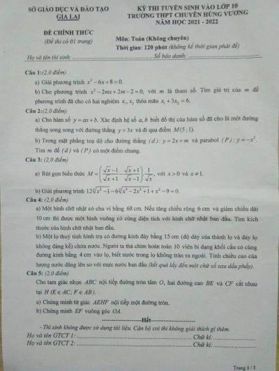 Đề thi tuyển sinh vào lớp 10 THPT môn Toán Trường THPT CHUYÊN Hùng Vương tỉnh Gia Lai năm 2021