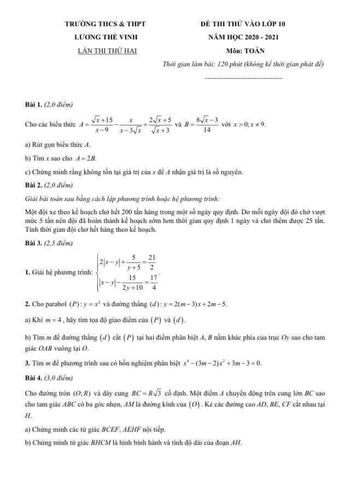 Đề thi thử vào lớp 10 môn Toán Trường THCS &amp; THPT Lương Thế Vinh năm 2020