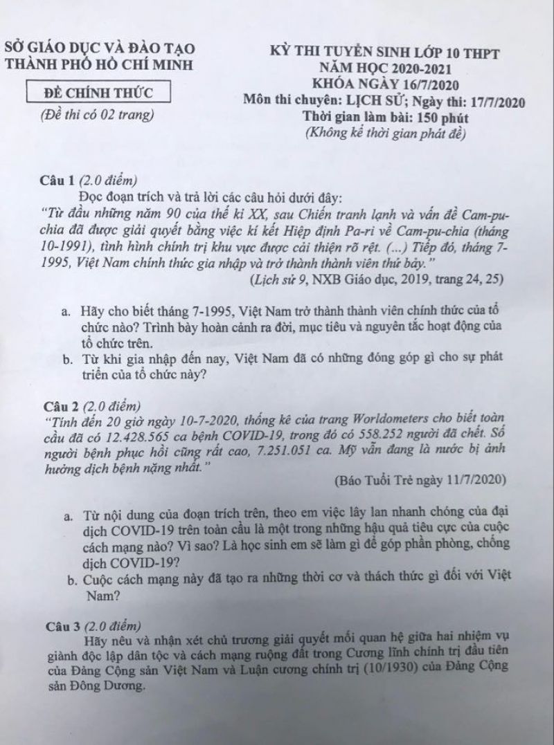 Đền thi tuyển sinh v&agrave;o lớp 10 THPT CHUY&Ecirc;N m&ocirc;n Lịch Sử Th&agrave;nh phố Hồ Ch&iacute; Minh năm 2020