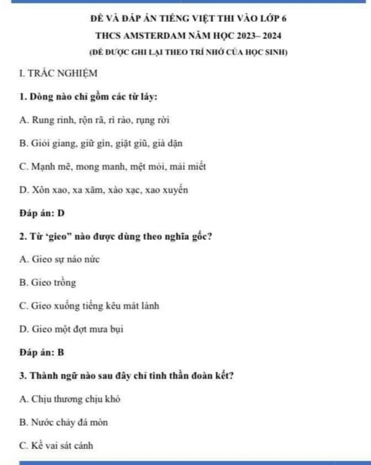 Đề thi v&agrave;o lớp 6 m&ocirc;n Tiếng Việt THCS AMSTERDAM H&agrave; Nội năm 2023 (Đề được ghi lại theo tr&iacute; nhớ của học sinh)